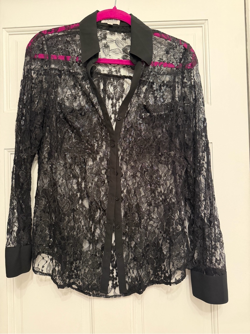 Express Black Sheer Lace Button-Down Shirt